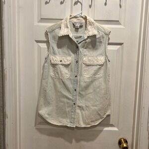 VTG Cotton Express Womens M Light Denim Sleeveless Eyelet Lace Shirt Cottagecore